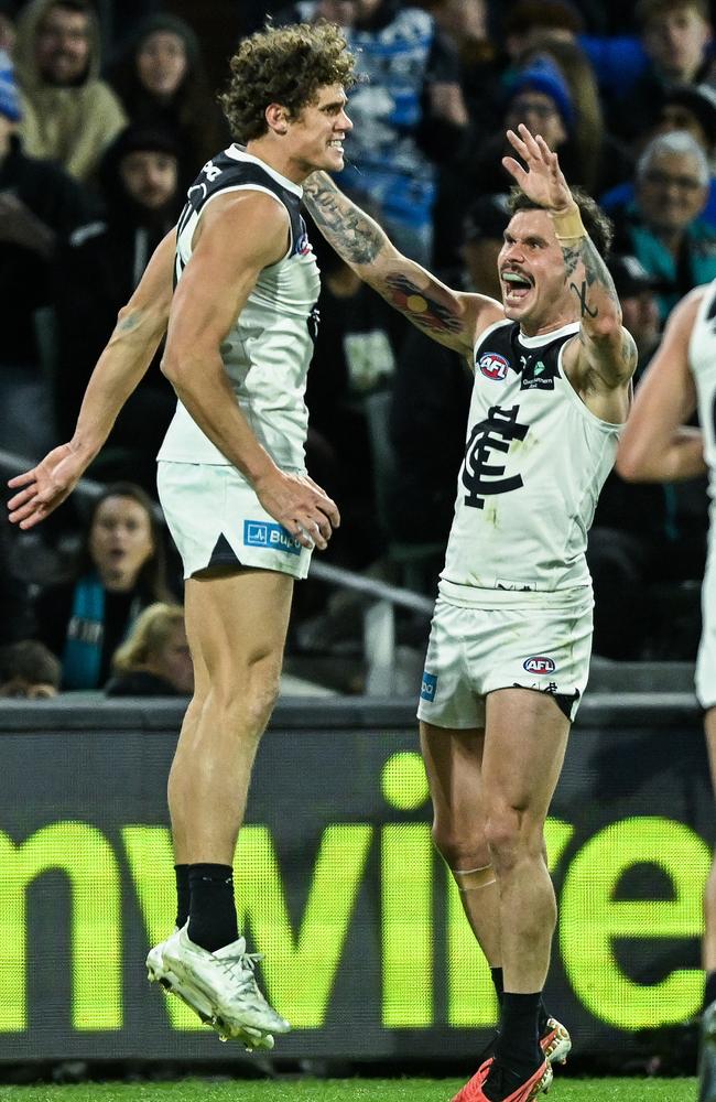 Charlie Curnow and Zac Williams celebrate. Pictrure: Mark Brake/Getty Images