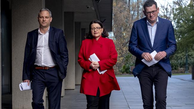 (L-R) Victoria's Chief Health Officer Brett Sutton, Minister for Health Jenny Mikakos and Victorian Premier Daniel Andrews arrive at a press conference. Picture: AAP.