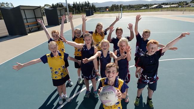 Local primary school students show off the new Macedon Ranges Netball Complex. Picture: David Smith