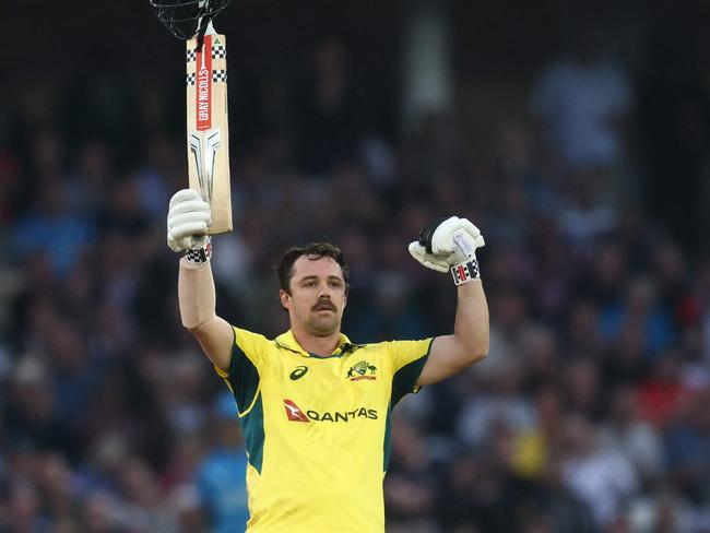 Australia's Travis Head celebrates reaching his century during the 1st One Day International cricket match between England and Australia at Trent Bridge in Nottingham, central England  on September 19, 2024. (Photo by Darren Staples / AFP) / RESTRICTED TO EDITORIAL USE. NO ASSOCIATION WITH DIRECT COMPETITOR OF SPONSOR, PARTNER, OR SUPPLIER OF THE ECB