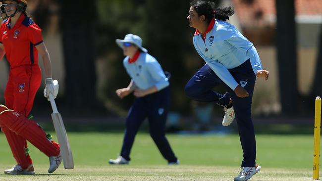 Ananaya Sharma bowling for New South Wales Metro against South Australia at last year’s under-19 national female cricket championships. Picture: Cricket Australia