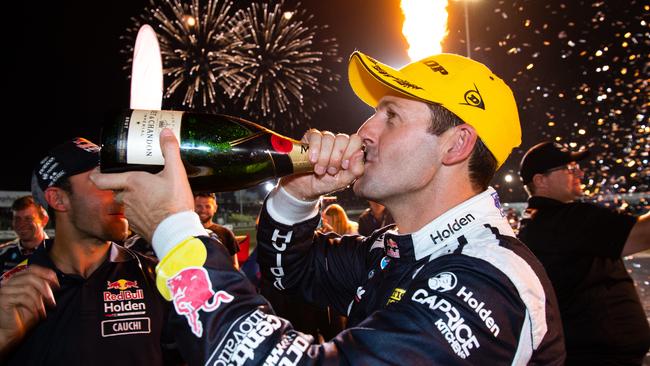 Jamie Whincup celebrates after finishing second at the Perth Supersprint at Barbagallo Raceway. Picture: Getty Images