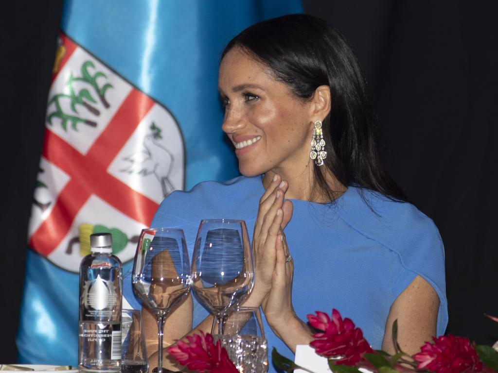 Meghan in Fiji wearing the earrings gifted to her by Saudi Crown Prince sheik Mohammed Bin-Salman. Picture: Ian Vogler – Pool/Getty Images