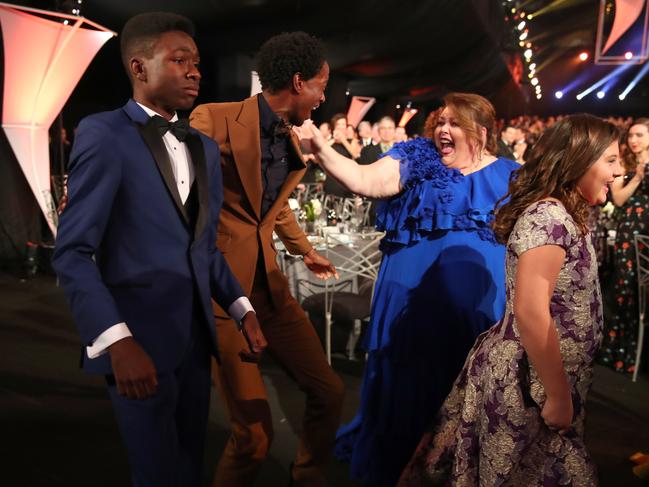 Jermel Nakia, Niles Fitch, Cristine Metz and Victoria Macabu celebrate after winning the award for Outstanding Performance for by an Ensemble in a Drama Series for ‘This Is Us’ during the 24th Annual Screen Actors Guild Awards. Picture: GEtty
