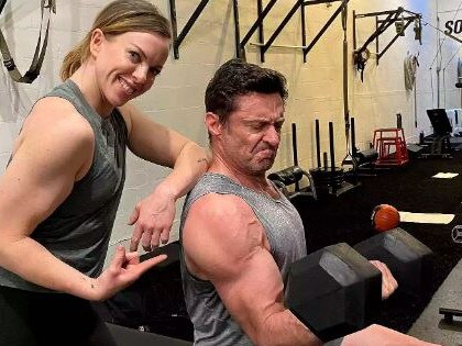 Hugh Jackman, with trainer Beth Lewis, shows off his muscles as he gets set to play Wolverine again. Picture: Instagram