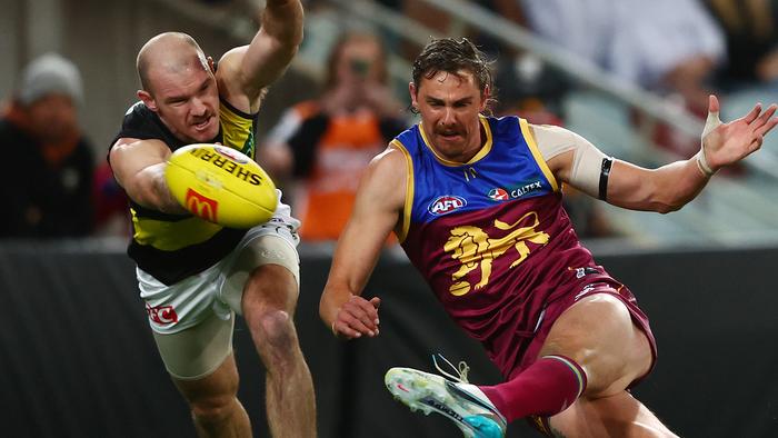 BRISBANE, AUSTRALIA - JUNE 29: Joe Daniher of the Lions kicks a goal during the round 16 AFL match between Brisbane Lions and Richmond Tigers at The Gabba, on June 29, 2023, in Brisbane, Australia. (Photo by Chris Hyde/AFL Photos)
