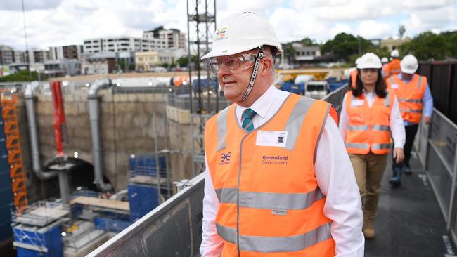 Anthony Albanese visits the Cross River Rail construction site in Woolloongabba, Brisbane. Picture: Dan Peled