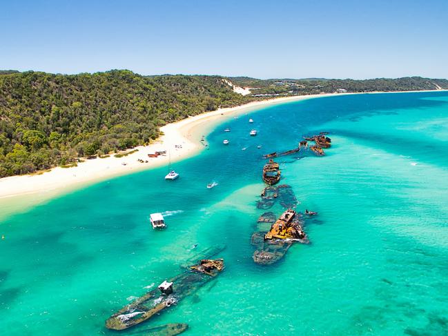 A number of sunken ships at Moreton Island off the coast of Brisbane in Queensland, Australia. These shipwrecks are located just north of Tangalooma Island ResortEscape 16 June 2024HotlistPhoto - iStock