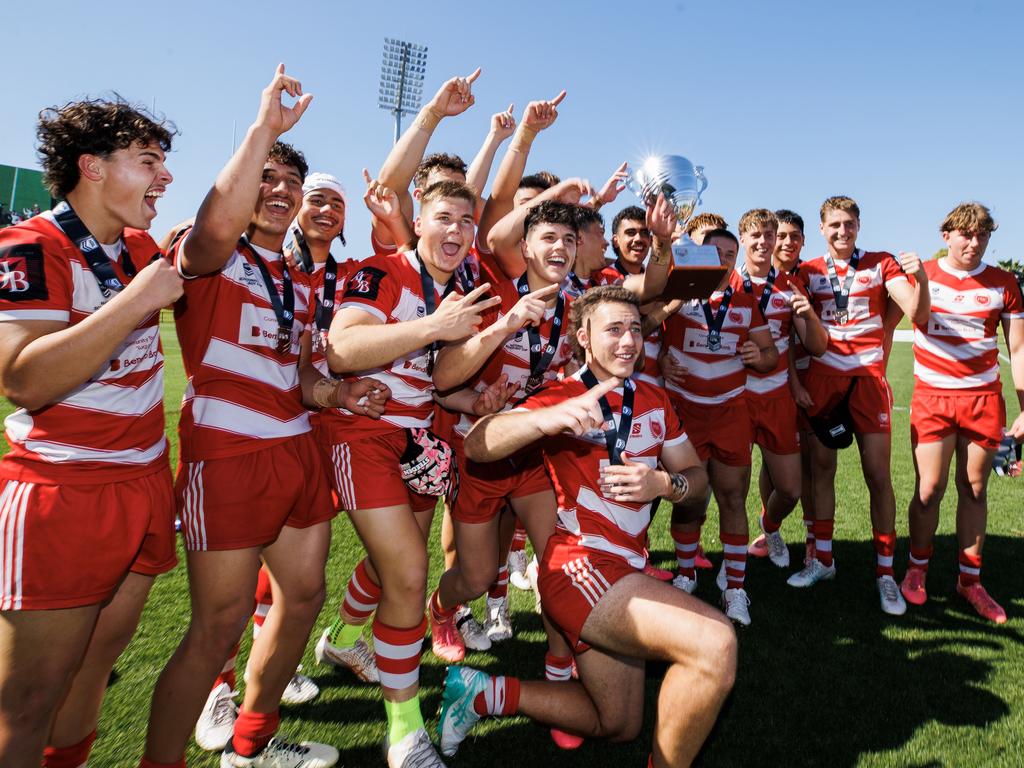 Palm Beach Currumbin celebrate winning the NRL Schoolboy Cup grand final against Kirwan SHS at Bokarina. Picture Lachie Millard