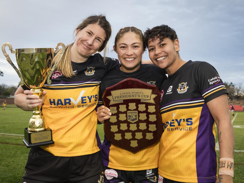 Gatton players (from left) Kimberley Dore, Natalia Webb and Courtney Robinson celebrate the win against Oakey in TRL President's Cup A-grade women's rugby league match. Picture: Kevin Farmer.