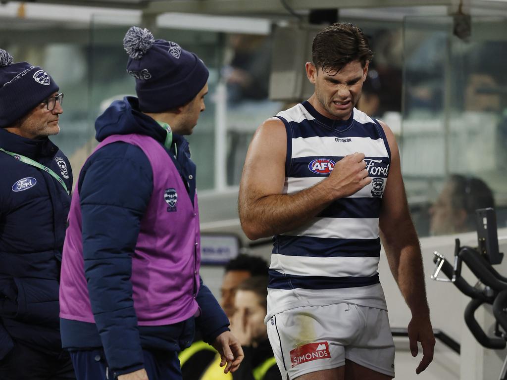 The end is near for Tom Hawkins — and seemingly Geelong’s great era. Picture: Michael Klein