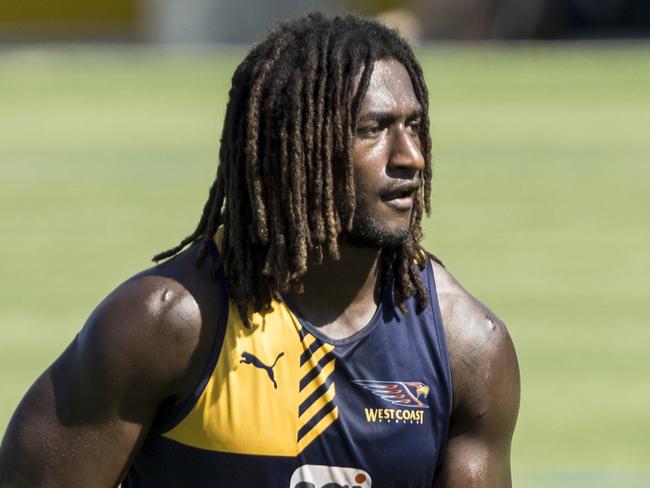 West Coast Eagles players during a short, open training session at Subiaco Oval. Pictured is Nic Naitanui, who has put on some muscle during the off-season.