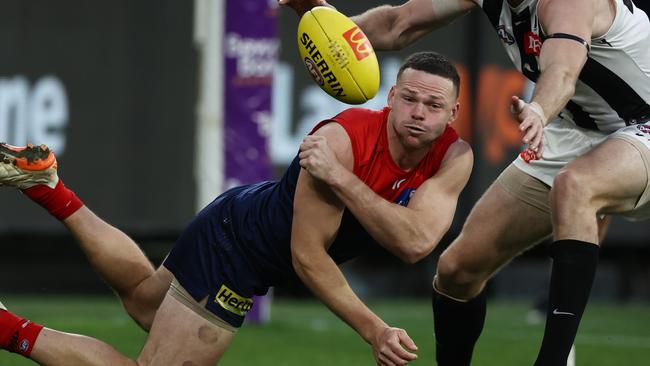 Collingwood must avoid the Melbourne interceptors when going forward, including Steven May. Picture: Michael Klein.