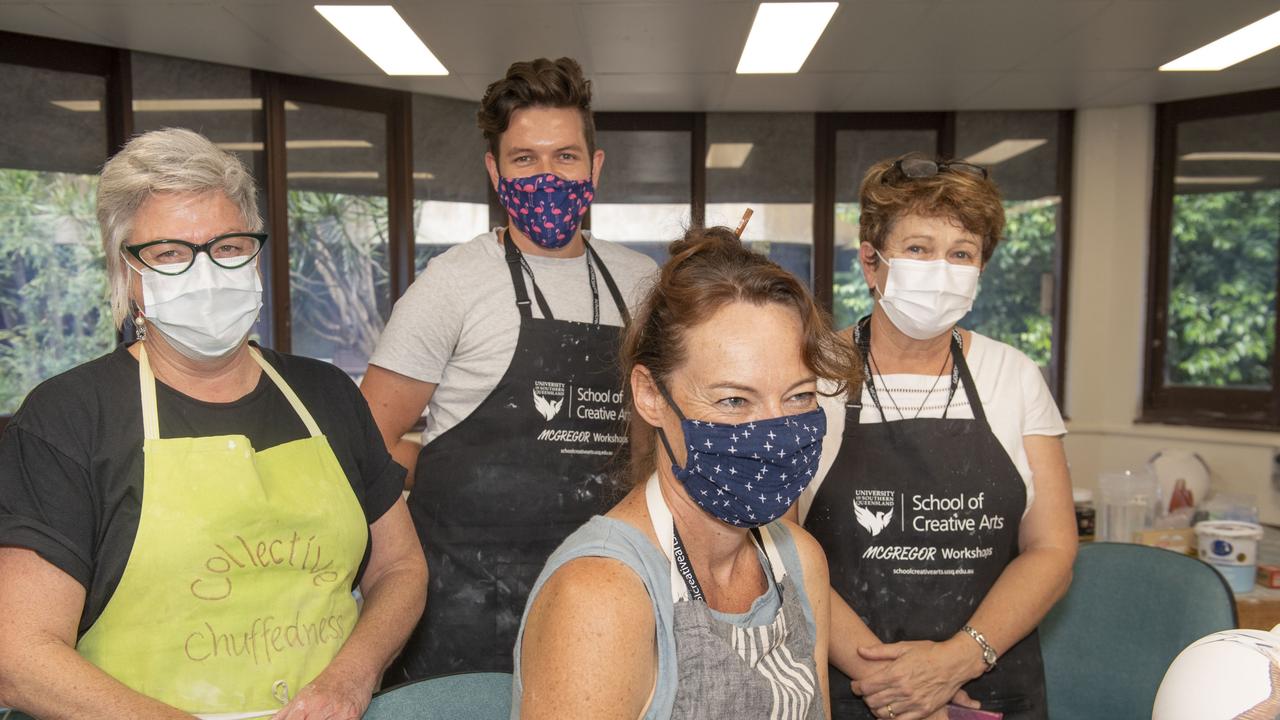 ) from left) Kris Lyon, Simon Locke, Shannon Garson and Karen Gaskell. Sumptuous Surfaces-Ceramics class with Shannon Garson. McGregor Summer School at USQ. Friday, January 14, 2022. Picture: Nev Madsen.