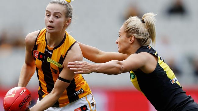 Hawthorn’s Sophie Locke played a practice match against Richmond last Sunday. She wore a black armband in tribute to her mother who died from breast cancer recently. Picture: Dylan Burns/AFL Photos.