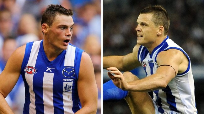 Former North Melbourne teammates Nathan Grima and Hamish McIntosh have reunited at Glenunga in the Adelaide Footy League. Pictures: News Corp