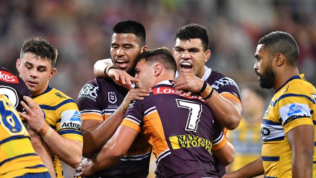 Payne Haas, Sean O'Sullivan and David Fifita of the Broncos are seen reacting during the Round 24 NRL match between the Brisbane Broncos and the Parramatta Eels at Suncorp Stadium in Brisbane, Friday, August 30, 2019. (AAP Image/Darren England)