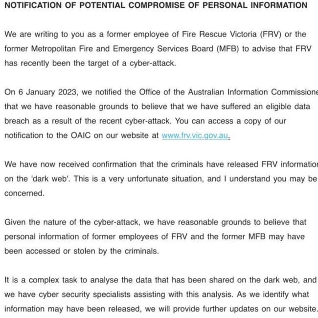 An email from FRV bosses discussing the release of employee information on the dark web. Picture: Jacqui Epstein