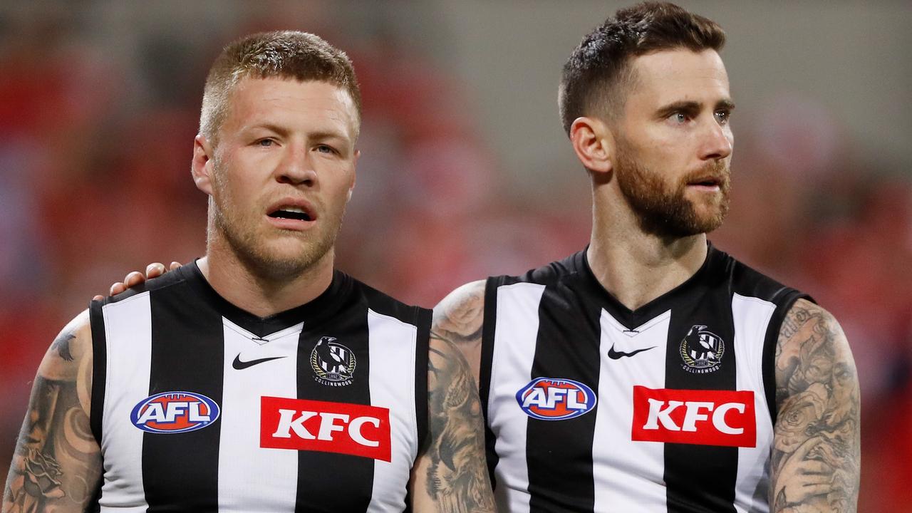 Jordan De Goey and Jeremy Howe after the Pies’ loss to Sydney in the finals. Picture: Getty Images