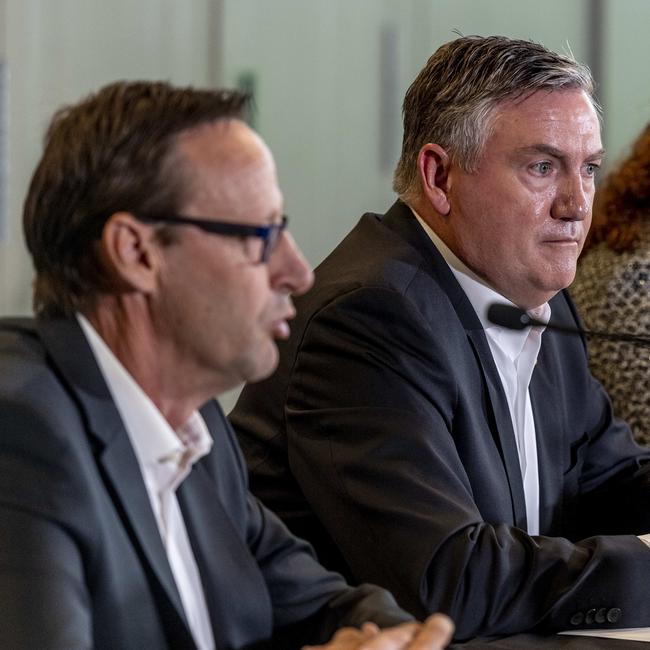 Mark Anderson and Eddie McGuire hold a press conference to discuss the release of the club's ‘Do Better’ report. Picture: Jake Nowakowski