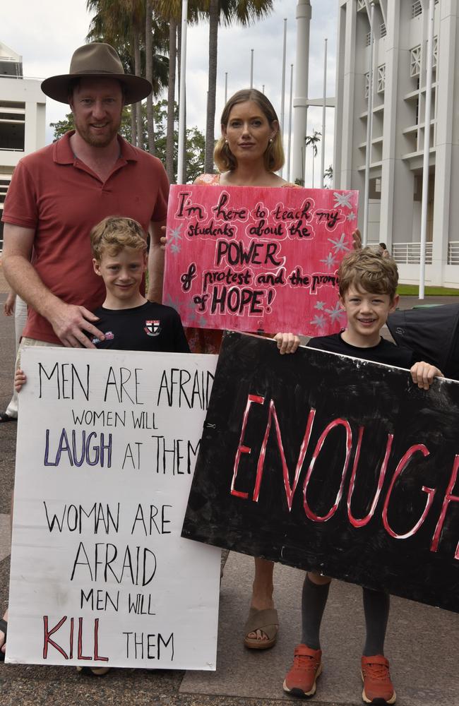 Susannah Ritchie, Ed Smelt, and family at the Darwin No More Violence rally at Parliament House, 2024. Picture: Sierra Haigh