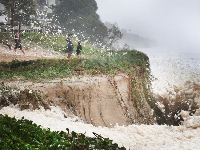 Gold Coast battered by Cyclone Alfred, as it made land. Erosion and foam make for a spectacle at Main Beach. Picture Glenn Hampson