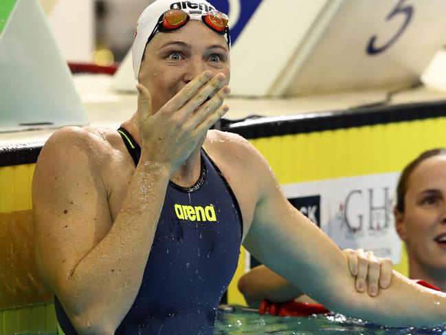 SWIMMING - National Short Course Swimming Championships, SA Aquatic Centre. Cate Campbell breaks the World Record in the Women 100 SC Metre Freestyle - Sister Bronte in the next lane looking at the time. Picture Sarah Reed