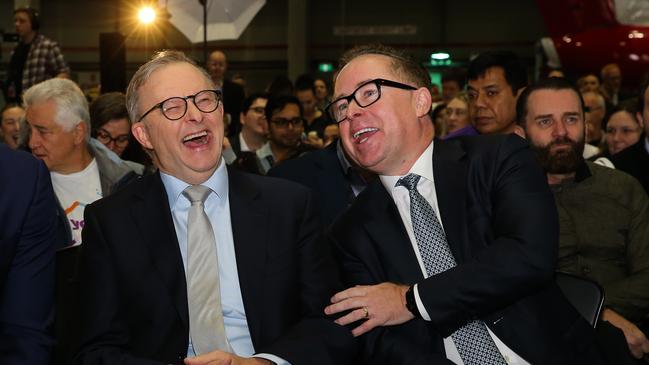 Anthony Albanese and Alan Joyce attend the launch of the Qantas Yes Campaign. Picture: NCA Newswire / Gaye Gerard