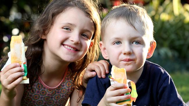 Josie Smith, 6, and brother Max, 3, from Everton Park, eating Weis Ice Cream the well known Australian brand. The Weis manufacturing plant has been located in Toowoomba for more than 60 years but is moving NSW. Photo Steve Pohlner