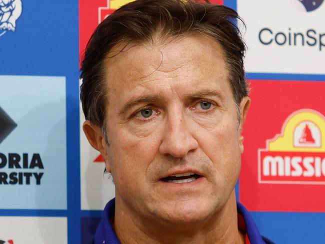 MELBOURNE, AUSTRALIA - MARCH 17: Luke Beveridge, Senior Coach of the Bulldogs speaks to the media during the 2024 AFL Round 01 match between the Melbourne Demons and the Western Bulldogs at the Melbourne Cricket Ground on March 17, 2024 in Melbourne, Australia. (Photo by Dylan Burns/AFL Photos via Getty Images)