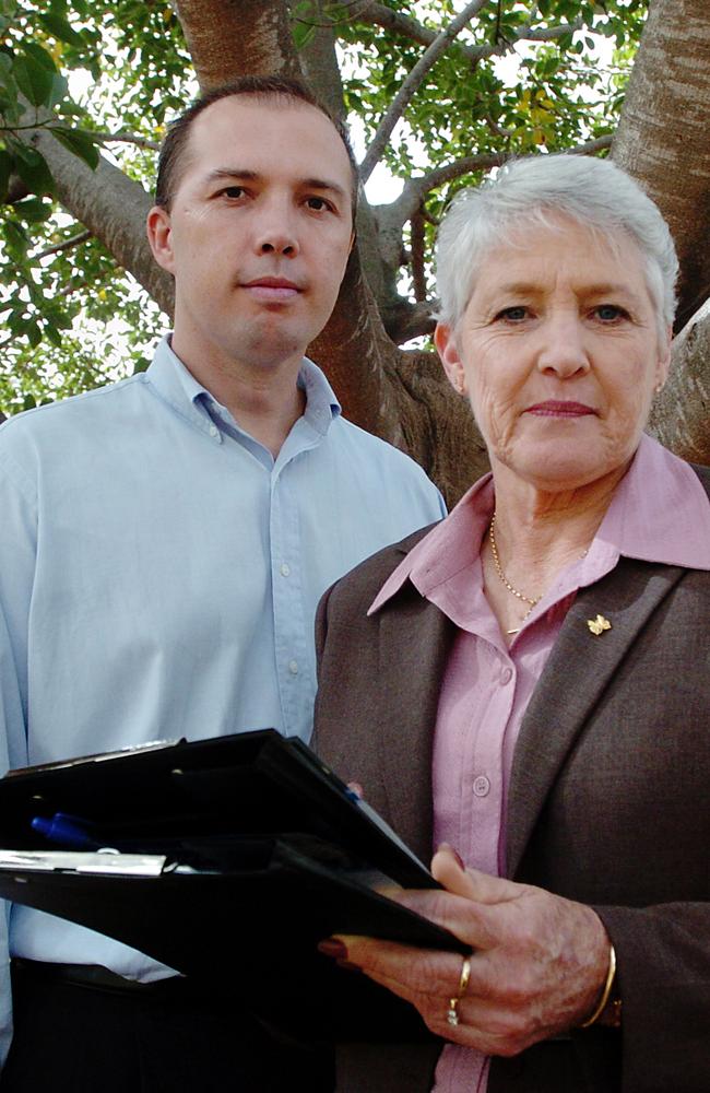 Mr Dutton, pictured with Deidre Kennedy’s mother Faye, first became a police officer at the age of 19. Picture: Jodie Richter/News Corp Australia