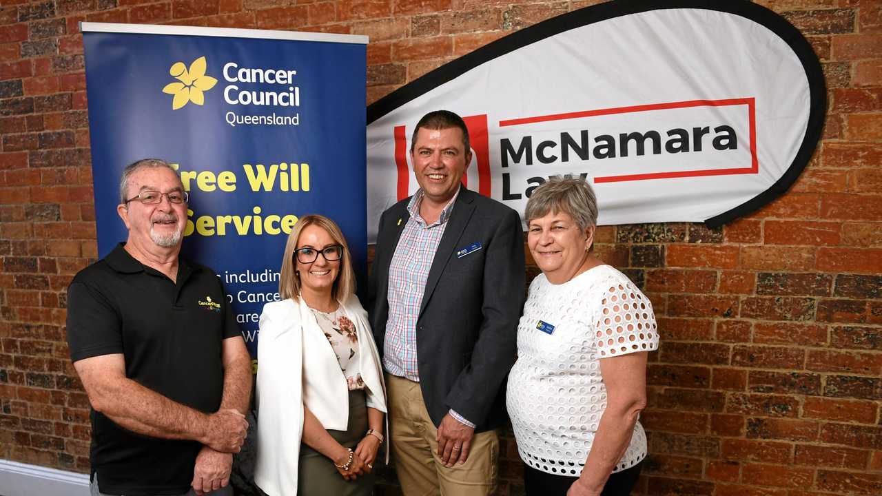 INCENTIVE: Ipswich Cancer Council volunteer branch chairman Bill O'Brien, McNamara Law head of wills and estates department Rebekah Sanfuentes, Cancer Council Queensland gifts in wills manager Phil Hancock and Ipswich volunteer branch secretary Deidre O'Brien. Picture: Rob Williams