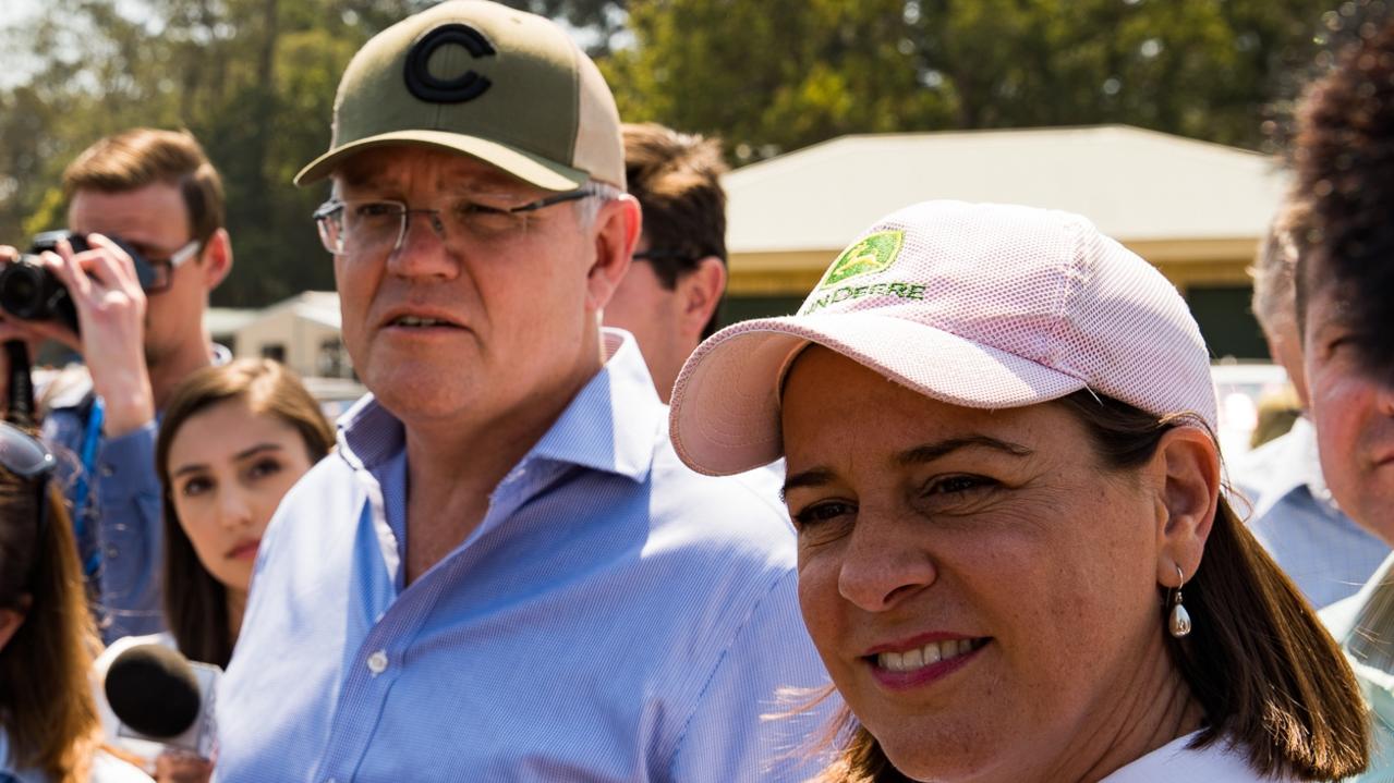 Prime Minister Scott Morrison and LNP leader Deb Frecklington in regional Queensland on an earlier campaign. “She’s a bystander,” says Steven Miles. Picture: Joseph Pehrson