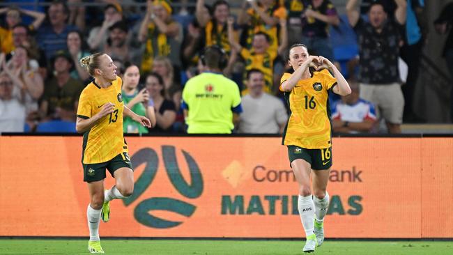 Hayley Raso of Australia celebrates after scoring the teams first goal during the International Friendly match between the Matildas and Brazil at Cbus Super Stadium on December 01, 2024 in Gold Coast, Australia. Photo by Bradley Kanaris/Getty Images