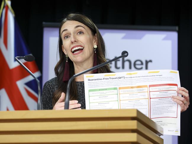 Jacinda Ardern announces quarantine-free travel between New Zealand and Australia. Picture: Getty Images