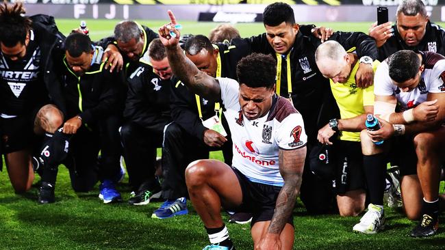 An emotional Kevin Naiqama after Fiji beat New Zealand at the RLWC