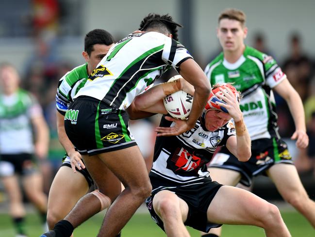 Jaylan De Groot  tackled by Ragarive Wavik. QRL; Mal Meninga Cup U18 Grand Final : Townsville Blackhawks Vs Tweed Seagulls at Jack Manski Oval, Townsville. Picture: Alix Sweeney