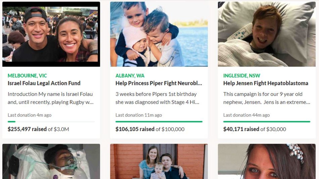 The top six fundraising causes on GoFundMe. Israel Folau's plea for cash quickly blew past other, worthier causes. Picture: GoFundMe