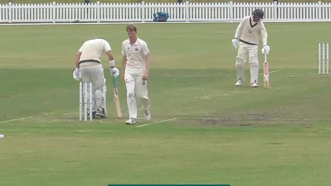 Ollie Peake inspects the pitch during Geelong's clash with Footscray. Picture: Play Cricket