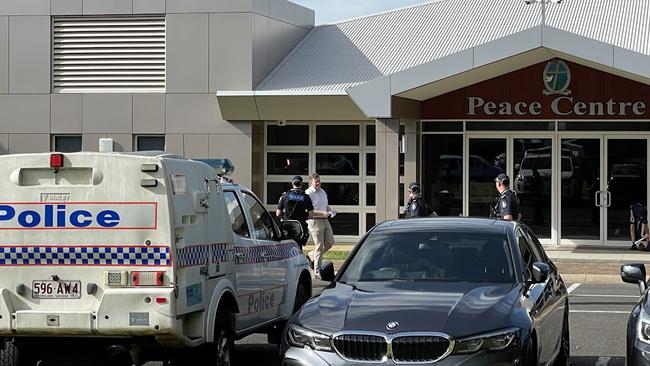 Police cars outside Peace Lutheran College in Cairns after a female student was allegedly stabbed by a male student. Tuesday, May 16, 2023.