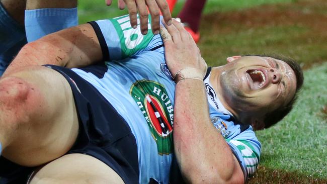 Brett Morris and the famed fractured shoulder he suffered scoring an Origin try in 2014. Picture: Gregg Porteous