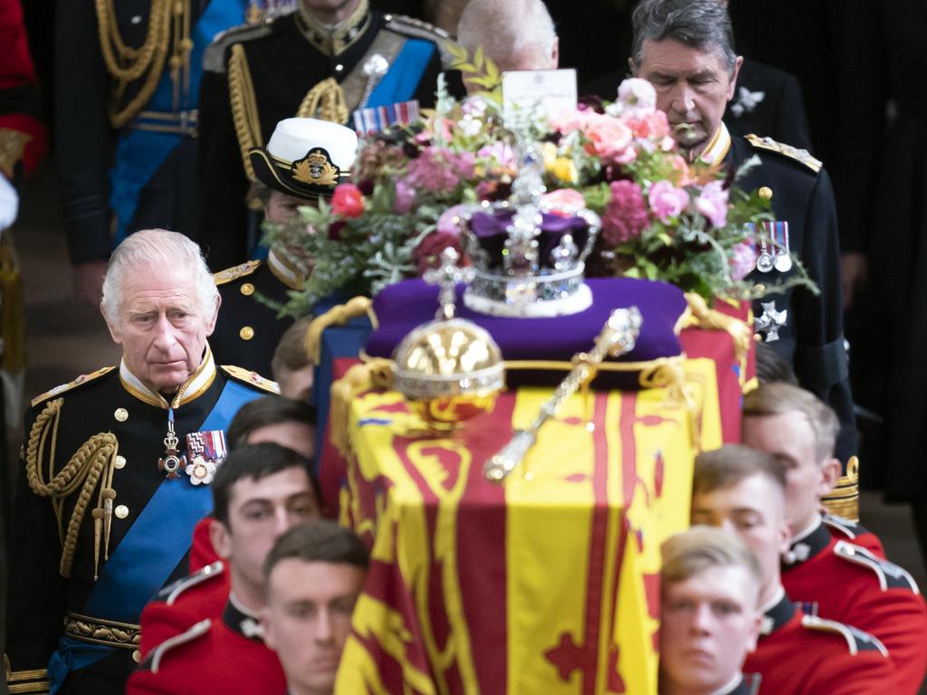 King Charles III follows behind the coffin of Queen Elizabeth II. He spent her final hours at her bedside. Picture: Getty