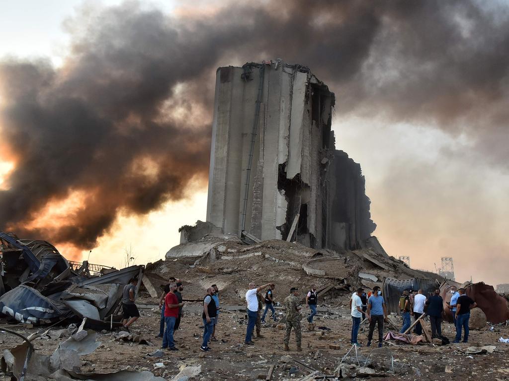 This shows a destroyed silo at the scene of an explosion at the port shortly after the time of explosion. Picture: STR/AFP