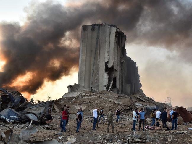 This shows a destroyed silo at the scene of an explosion at the port shortly after the time of explosion. Picture: STR/AFP