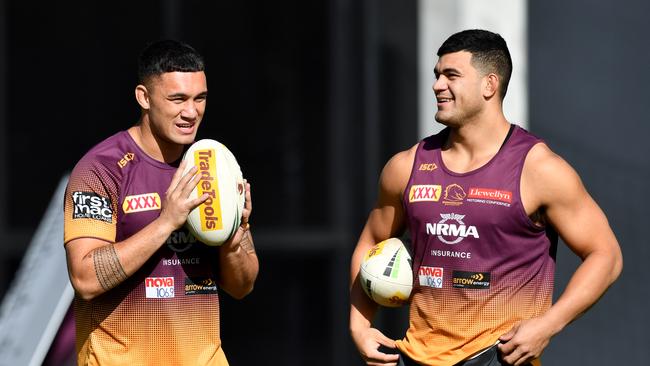 Jaydn Su’A (left) and David Fifita (right) were Broncos teammates. Picture: AAP Image/Darren England