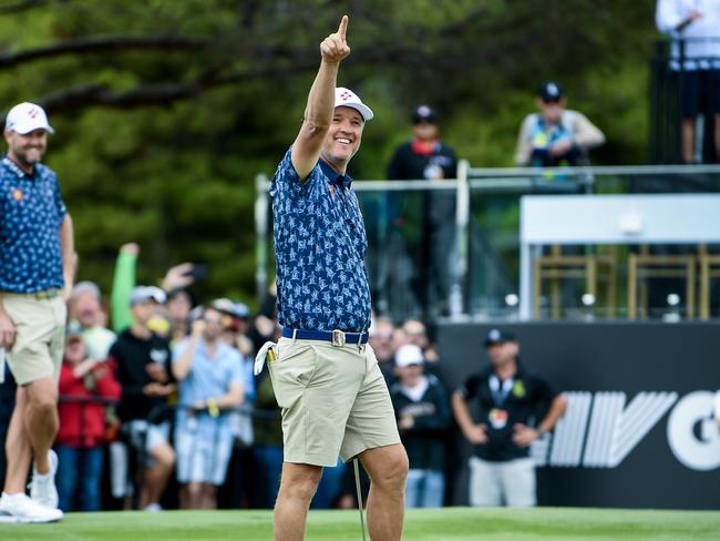 ADELAIDE, AUSTRALIA - APRIL 26:  Matt Jones of the Ripper GC   celebrates a birdie putton the 12th during LIV Adelaide at The Grange Golf Club on April 26, 2024 in Adelaide, Australia. (Photo by Mark Brake/Getty Images)