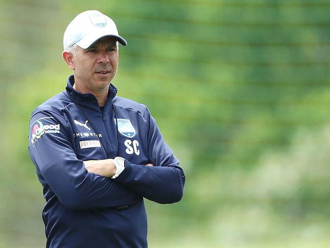 SYDNEY, AUSTRALIA - NOVEMBER 30:  Sydney FC coach Steve Corica watches a Sydney FC A-League training session at Macquarie University Sports Fields on November 30, 2018 in Sydney, Australia. (Photo by Mark Metcalfe/Getty Images)