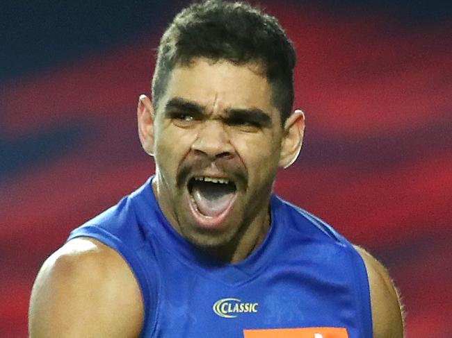 GOLD COAST, AUSTRALIA - JULY 26: Charlie Cameron of the Lions celebrates a goal during the round 8 AFL match between the Melbourne Demons and the Brisbane Lions at Metricon Stadium on July 26, 2020 in Gold Coast, Australia. (Photo by Jono Searle/AFL Photos/via Getty Images)