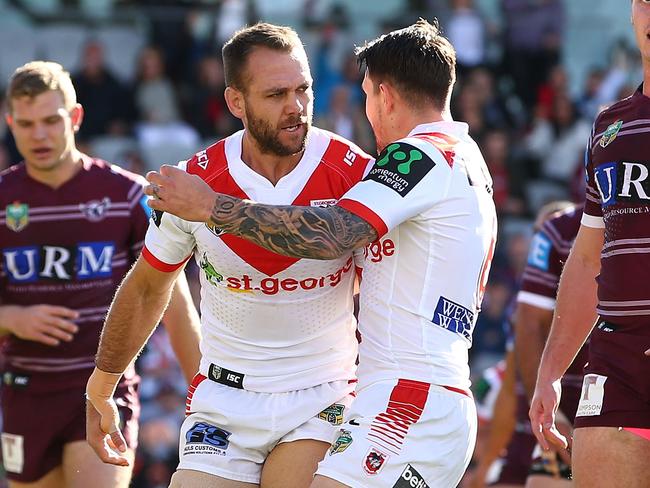 WOLLONGONG, AUSTRALIA - JULY 23:  Jason Nightingale of the Dragons celebrates after scoring a try during the round 20 NRL match between the St George Illawarra Dragons and the Manly Sea Eagles at WIN Stadium on July 23, 2017 in Wollongong, Australia.  (Photo by Mark Nolan/Getty Images)