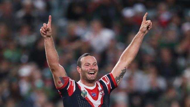Roosters captain Boyd Cordner celebrates his side’s win over the Rabbitohs. Picture. Phil Hillyard